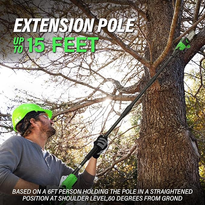 SOYUS Pole Saw 8-Inch Cordless, 15-Foot Max Reach Electric Pole Saw for Tree Trimming, 16ft/s Speed, Auto Oiling, Multi-Angle Pole Chainsaw with 2.0Ah Battery & Charger