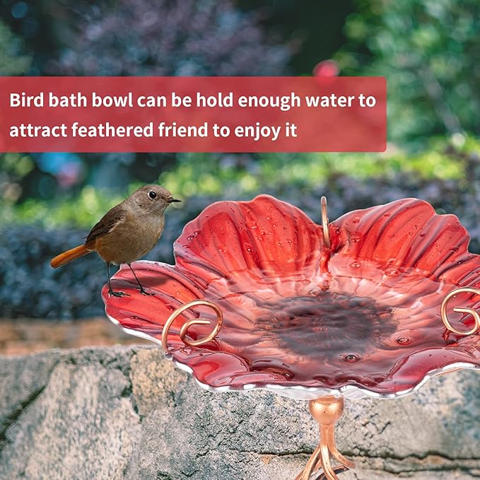 MUMTOP 31 Inch Height Glass Birdbath Birdfeeder with Metal Stake Garden Yard Outdoor Red