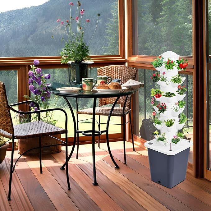 Hydroponic Growing Tower with 10L Tank, 6 Layers 30 Plants Indoor Outdoor Hydroponics Growing System, Soilless Cultivation Herbs Fruits Vegetables Vertical Planter Tower Garden Set Black US