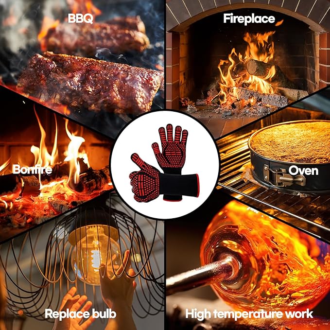 BBQ Gloves Heat and Flame Resistant Protection - Oven and Grill Gloves Hand Protection, Extended Wrist for Addtional Safety, Ideal for Outdoor Cooking, Grilling, Barbeque and Campfire (Red)