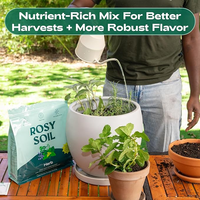 Rosy Soil Herb Mix - Organic Potting Mix for Herbs - Enriched with Biochar, Worm Castings for Root Development, Nutrient Uptake, and Strong Flavor - Fast Draining, Peat Free, Less Prone to Gnats - 4qt