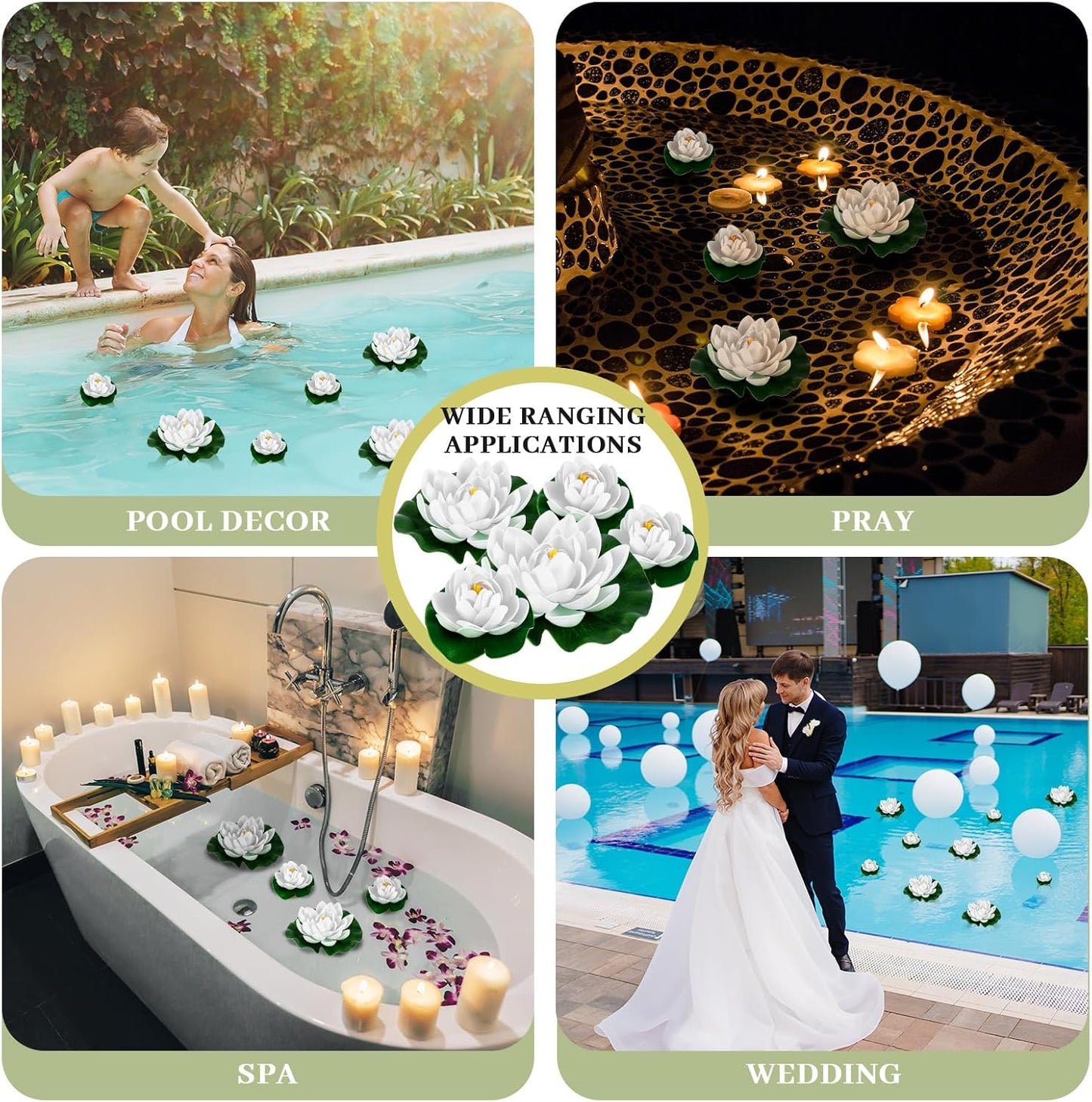 Yunlly 24 Pcs Floating Foam Lotus Flower with Water Lily Pads Artificial Floating Pool Flowers Lifelike Pond Accessories Floating Pool Decorations for Home, Garden Aquarium Party Wedding Decor, White