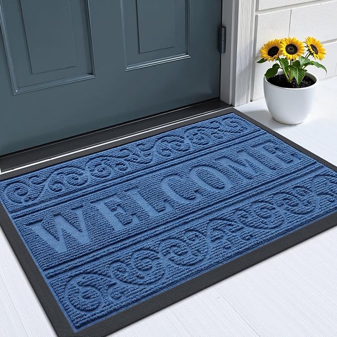 OLANLY Welcome Door Mat Indoor Outdoor Entrance, Heavy Duty Sturdy Front Door Mat, Waterproof All-Weather Doormat, Stain Resistant, Low Profile, Easy Clean Patio Entryway Mat, 36 x 24, Blue