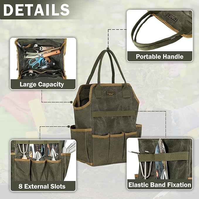 Tool Bag, Heavy Duty 16oz Waxed Canvas Garden Tool Tote - with 3 Inner Slots & 8 Outer Pockets, Multi-Purpose Gardening Tool Storage Bag for Gardener Florist Workshop - Army Green