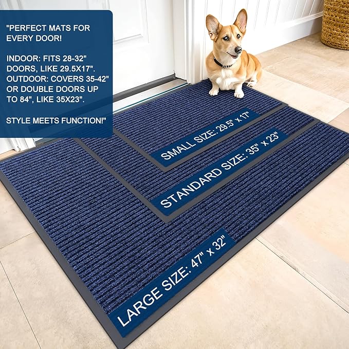 OLANLY Front Door Mat Indoor Outdoor Entrance, Waterproof Heavy Duty Doormat, Fade Resistant, Low Profile, Easy Clean Patio Porch Welcome Floor Mats for Entry, 59x35, Blue