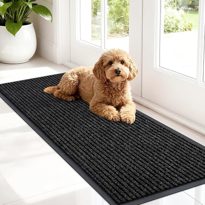 OLANLY Front Door Mat Indoor Outdoor Entrance, Waterproof Heavy Duty Doormat, Fade Resistant, Low Profile, Easy Clean Patio Porch Welcome Floor Mats for Entry, 47x17, Off-Black
