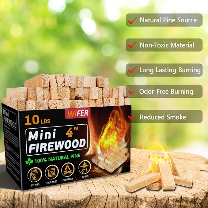 Mini Fire Stick with Fire Starter & Tongs, 4'' Kiln-Dried Pine Great Firewood for Wood Stoves, Tabletop Fire Pit, BBQ Grill, Pizza Oven, Solo Stove Accessories, BBQ Accessories, 10 lb Box