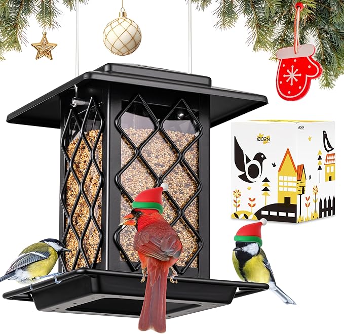 iBorn Bird Feeders for Outdoors, Metal Bird Feeder, Wild Bird Feeders for Cardinal, 2.4LBS Capacity,18cm Large Roof, Lantern Style, Black