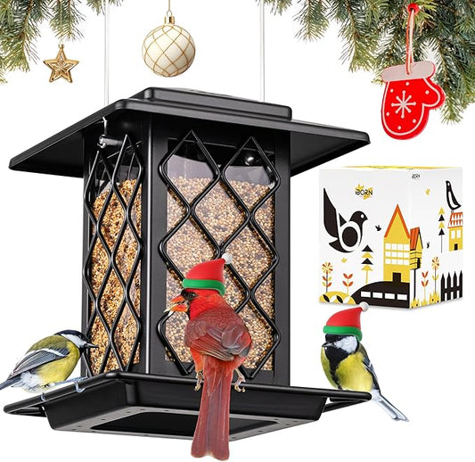 iBorn Bird Feeders for Outdoors, Metal Bird Feeder, Wild Bird Feeders for Cardinal, 2.4LBS Capacity,18cm Large Roof, Lantern Style, Black