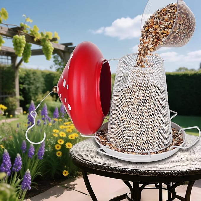 Bird Feeder, Heavy Duty Metal Bird Feeders for Outdoor Hanging, Cute Mushroom Shape 3.5 LB Large Capacity Wild Birdfeeder for Outside Garden Yard (Red)