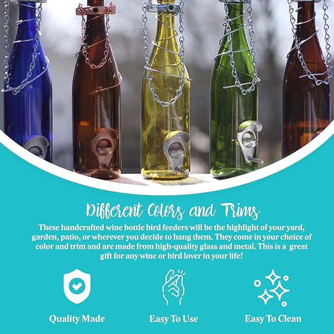Blue Ridge Mountain Wine Bottle Bird Feeders, Backyard Decor, Finch Feeder, Garden Decor for Outside, Bird Decor, Hanging Bird Feeder, Outdoor Decor, 25oz Seed Capacity, Cobalt Blue & Silver