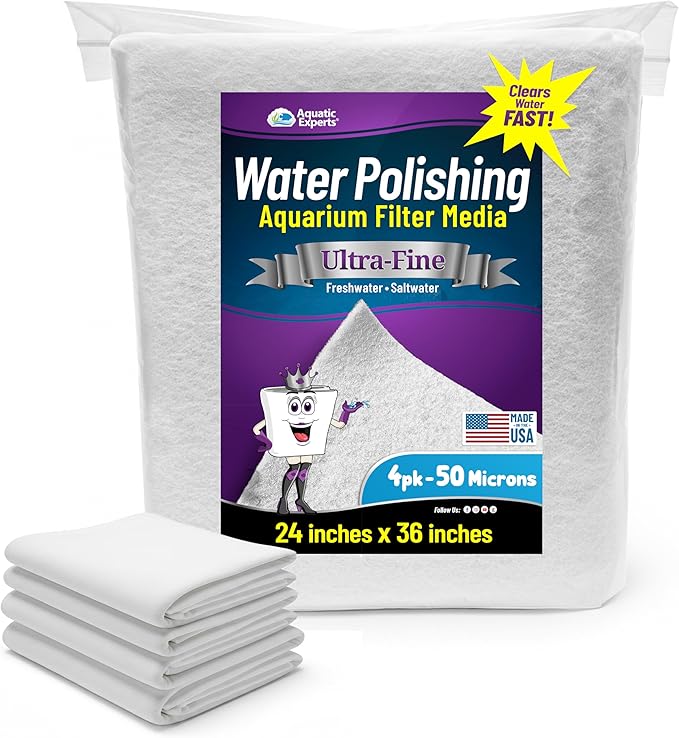 Aquatic Experts Aquarium Polishing Filter Pad, Water Polishing Pad for Aquarium Filters, Filter Floss for Fish Tank Filters, (50 Micron, 24" x 36" - 4 Pack)