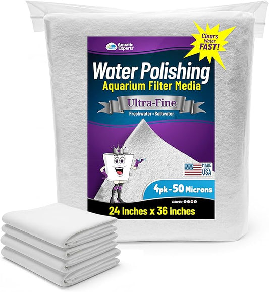 Aquatic Experts Aquarium Polishing Filter Pad, Water Polishing Pad for Aquarium Filters, Filter Floss for Fish Tank Filters, (50 Micron, 24" x 36" - 4 Pack)