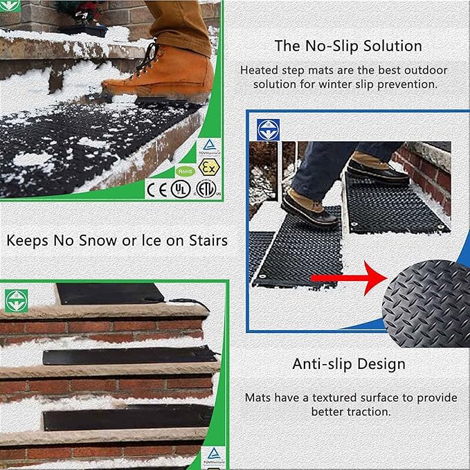 Heated Snow Melting Mats for Entrances - Outdoor Stairs- Non-Slip Winter Removal and Ice Melt Products -Heating Entrance