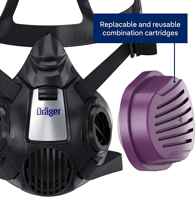 Dräger X-plore 3500 half-face respirator mask with P100 particle filters against smoke particles from wildfire