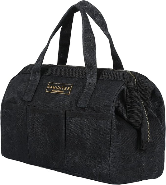 Tool Bag with Zipper, Heavy Duty 16oz Waxed Canvas Wide Mouth Tool Tote Bag, 13-inch Muti-Purpose Storage Tool Pouch with Side Pockets