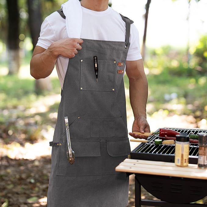 Tosewever Work Aprons for Men with Large Pockets, Canvas Cross Back Heavy Duty Adjustable Tool Aprons for Chef Cooking BBQ