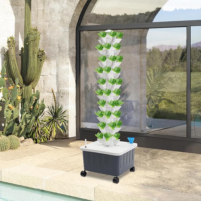 Hydroponics Growing System Kit 50 Pods Vertical Garden Tower Garden Growing System with Timer, Wheels, Indoor Hydroponic Planter for Vegetable, Fruit, Flower (Gray, 50 Pods)