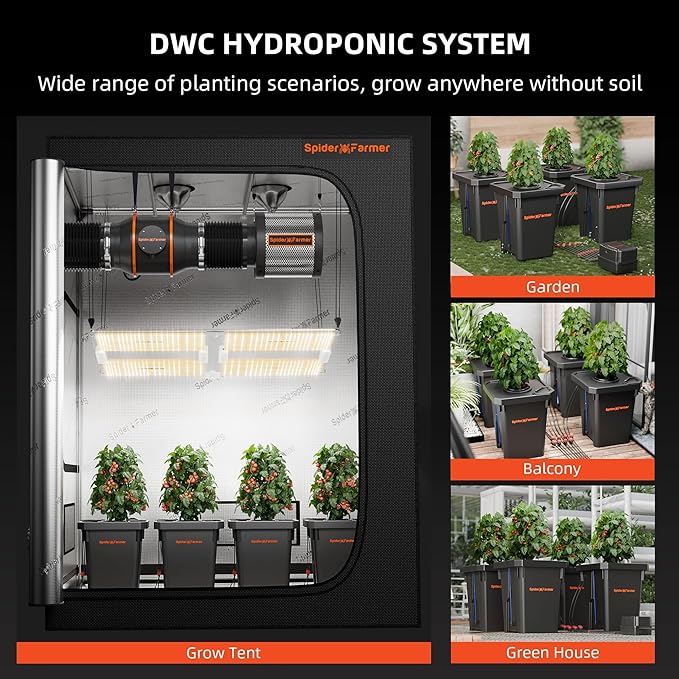 Spider Farmer DWC Hydroponics Grow System with 7-Gallon Deep Water Culture, New Triangular Cover Design, Recirculating Drip Garden System with Top Drip Kit, 11W Air Pump, 4 Buckets