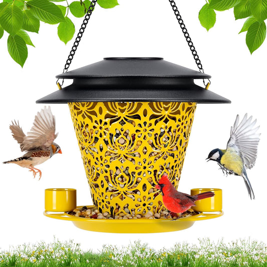 Solar Bird Feeders for Outside Hanging Metal Wild Bird Feeder Solar Lanterns Outdoor Waterproof Garden Decor for Yard Yellow