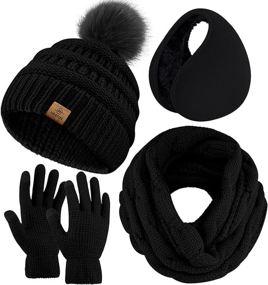 URATOT 4-In-1 Winter Warm Sets Knitted Scarf Touch Screen Gloves Beanie Pompom Hat and Winter Ear Warmer for Men or Women