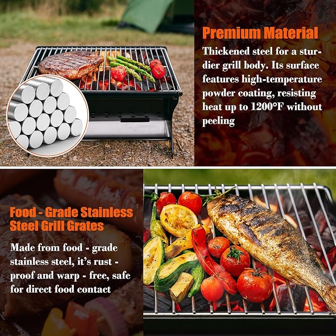 QuliMetal Upgraded 18 Inch Portable Charcoal Grill, Portable Fire Pit - Folding Campfire Grill, Heavy Duty Steel Cooking Grate with Storage Bag for Camping, Outdoor Cooking, Bonfire, Patio, Backyard
