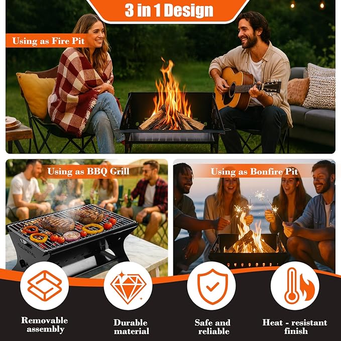 QuliMetal Upgraded 18 Inch Portable Charcoal Grill, Portable Fire Pit - Folding Campfire Grill, Heavy Duty Steel Cooking Grate with Storage Bag for Camping, Outdoor Cooking, Bonfire, Patio, Backyard