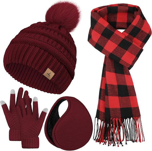 Winter Hat Scarf Gloves and Ear Warmer, Knit Warm Beanie Hat Touch Screen Gloves Long Knitted Plaid Scarf Set Gifts for Women