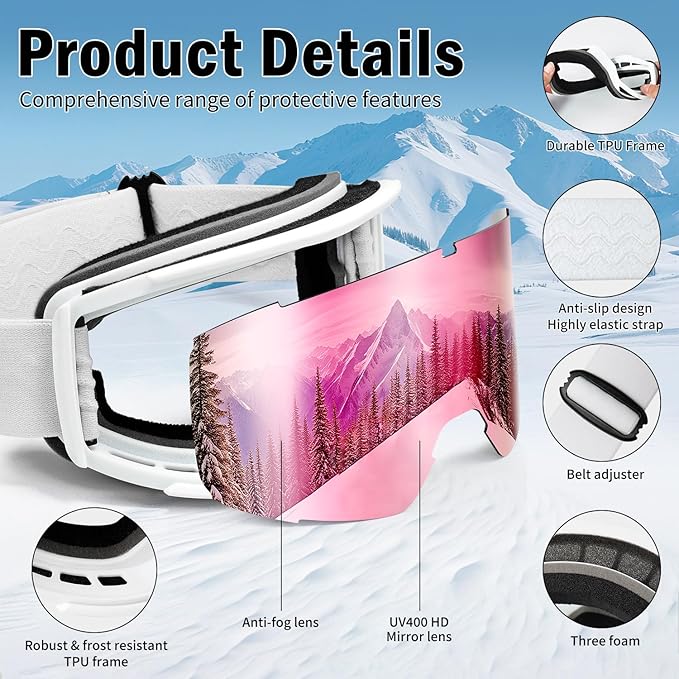 Ski Goggles for Men Women,Anti Fog UV Protection Snowboard Goggles for Adult & Youth,OTG Snow Skiing Goggles