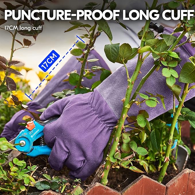 Vgo... Ladies' Synthetic Leather Extended Pig Split Leather Cuff Rose Pruning Thorn Proof Garden Gloves (Size S, Purple,SL6592W)