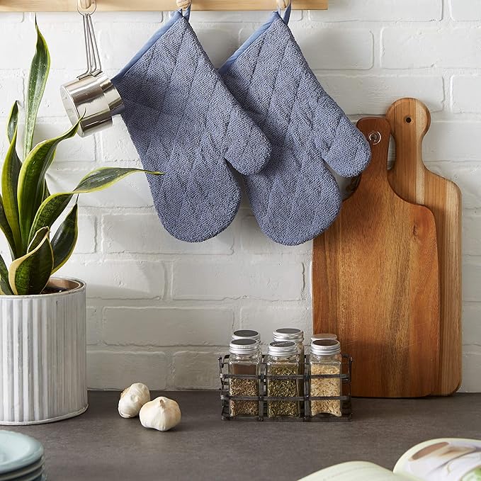 DII Basic Terry Collection 100% Cotton Quilted, Oven Mitt, Stonewash Blue, 2 Piece