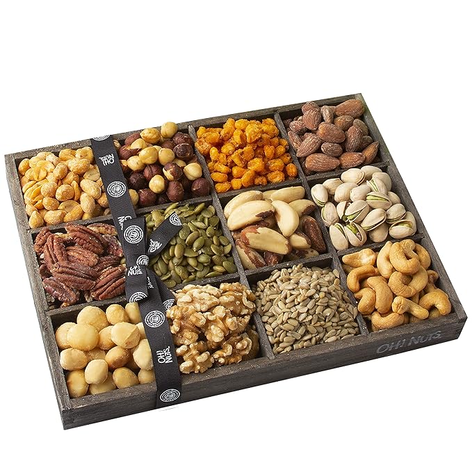 Oh! Nuts 12 Variety Nuts Gift Basket - Healthy Gift Baskets - Gourmet Assorted Nuts Tray - Gift Box for Holiday, Movie Night, Corporate, Families - Gift Ideas for Men and Women