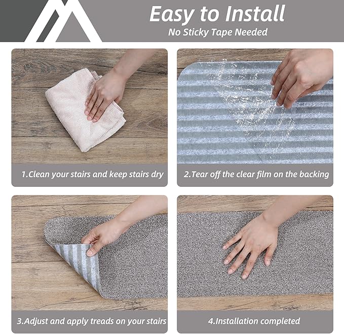 COSY HOMEER Stair Treads Non-Slip Carpet Mat 28inX9in Indoor Stair Runners for Wooden Steps, Stair Rugs for Kids and Dogs, 100% Polyester TPE Backing 4pcs,Grey,Protect Floor