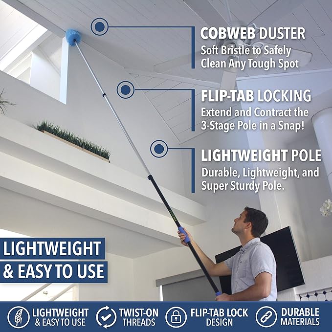 EVERSPROUT 5-to-12 Foot Cobweb Duster and Extension-Pole Combo (20 Foot Reach, Soft Bristles) | Hand Packaged | Lightweight, 3-Stage Aluminum Pole | Indoor & Outdoor Use Brush Attachment