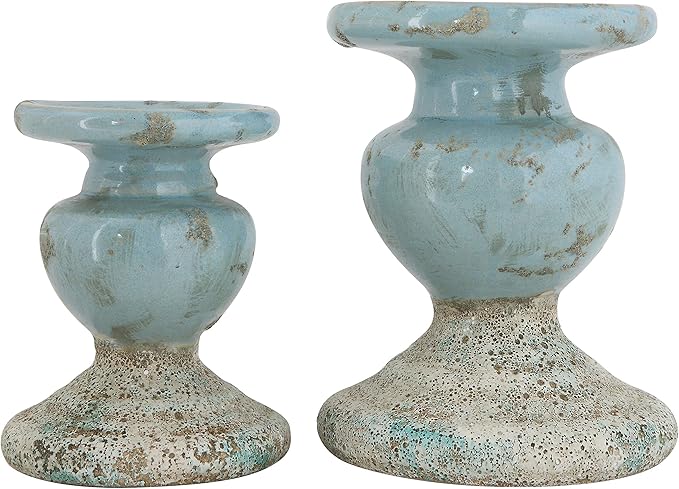 Creative Co-Op Small Distressed Blue Terracotta Pillar Candle Holder