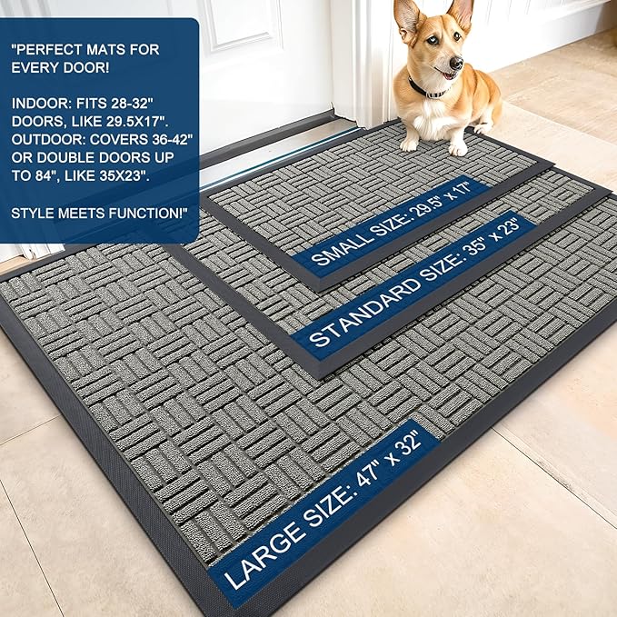 OLANLY Front Door Mat Outside Entrance 59x34, Absorbent, Heavy Duty Sturdy Natural Rubber Doormat Indoor Outdoor, Non-Slip, Stain and Fade Resistant, Low Profile Floor Mat for Entryway, Modern Gray