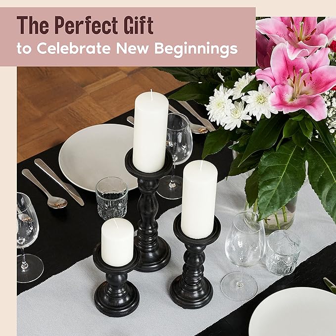 Large Candle Holders for Pillar Candles - Decorative Rustic Centerpiece Pillars Compatible with Battery-Operated Candles - Tall Farmhouse Wooden Candle Holders Pillar - Set of 3