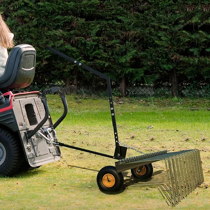 YITAMOTOR 60 Inch Tow Behind Dethatcher, Lawn Dethatcher Rake with 24 Spring Steel Tines & Lift Handle for ATV or Mover Tractors, Tow Behind Lawn Rakes for Leaves, Pine Needles, and Grass