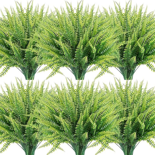 12 Bundles Artificial Plants, Fake Boston Fern Greenery Outdoor UV Resistant No Fade Faux Plastic Plants Garden Porch Window Box Decorating…