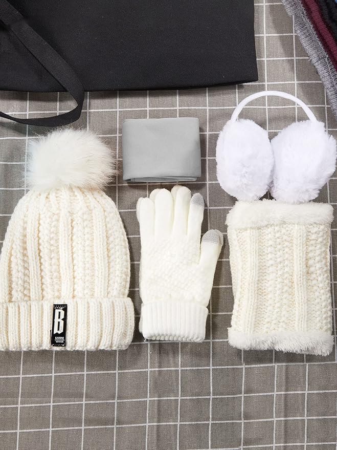 5 Pieces Women Winter Warm Set Knit Beanie Hat Scarf Touchscreen Gloves Earmuffs Stockings 5 in 1 Ski Outing Set for Gift