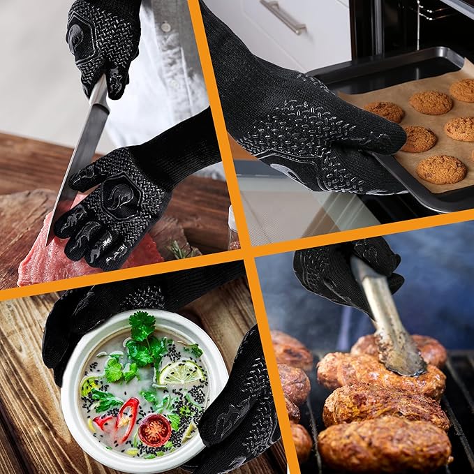 BBQ Fireproof Gloves, Grill Cut-Resistant 1472°F Heat Resistant Gloves, Non-Slip Silicone Oven Gloves, Kitchen Safe Cooking Gloves for Oven Mitts,Barbecue,Cooking, Frying,13.5 Inch-Black