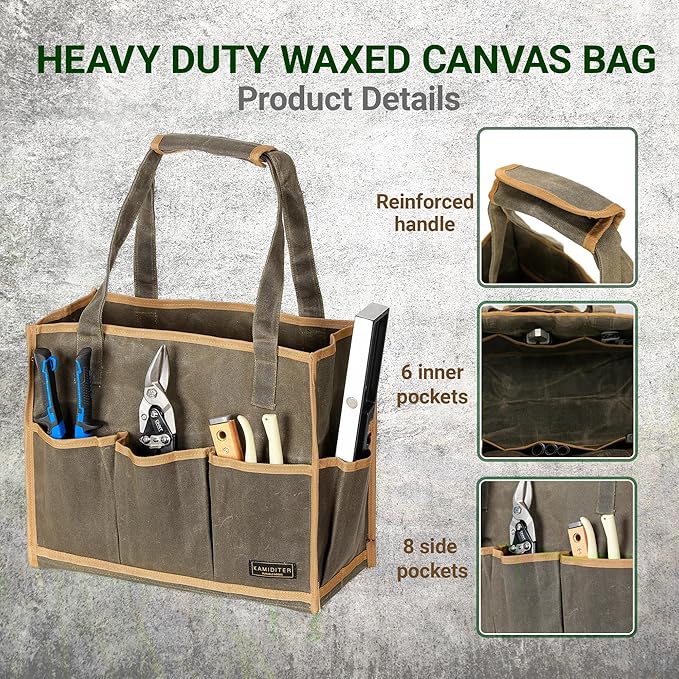 Heavy Duty 16OZ Waxed Canvas Tool Bag,15-Pockets Portable Tote Bag,Muti-Purpose Garden Tool Storage Bag with Padded Handle | ArmyGreen