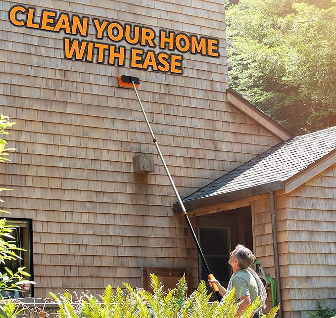 14 Foot Exterior House Cleaning Brush Set with 5-8 ft Extension Pole // Vinyl Siding Brushes with Telescopic Extendable Pole & Window Cleaning Squeegee Tool // The Ultimate Extension Scrub Brush Set