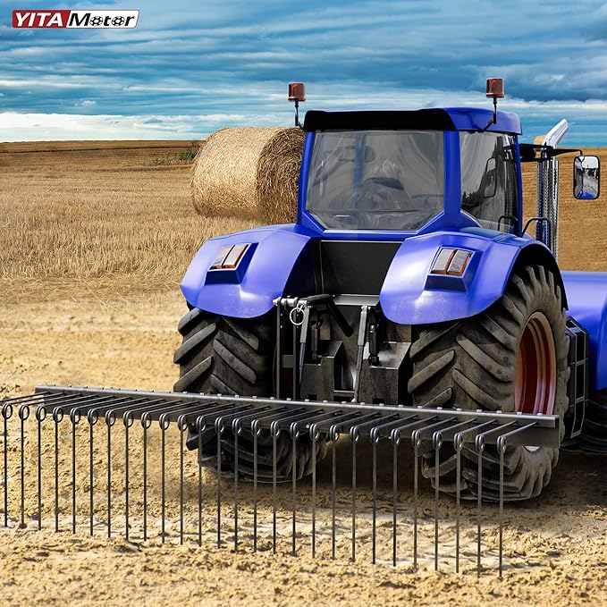 YITAMOTOR 72" Tow Behind Landscape Rake, 3 Point Quick Hitch Lawn Dethatcher Rakes with 32 Steel Tines for Category 1 Tractors, Heavy Duty Powder Coated Finish Tools for Leaves, Pine Needles, Straw