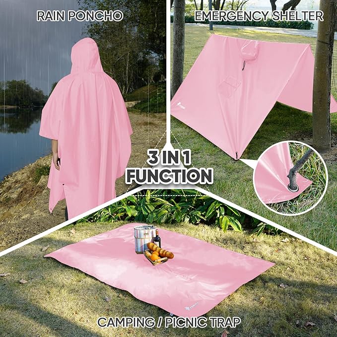 PTEROMY Hooded Rain Poncho for Adult with Pocket, Waterproof Lightweight Unisex Raincoat for Hiking Camping Emergency