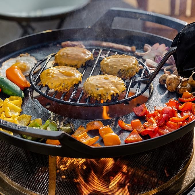 TIKI Fire Pit Griddle & Grill Combo – Cast Iron Cooking Surface for 16"-21" Smokeless Fire Pits – Outdoor BBQ Griddle for Camping & Patio – Includes Trivet & Heat-Resistant Gloves, Black