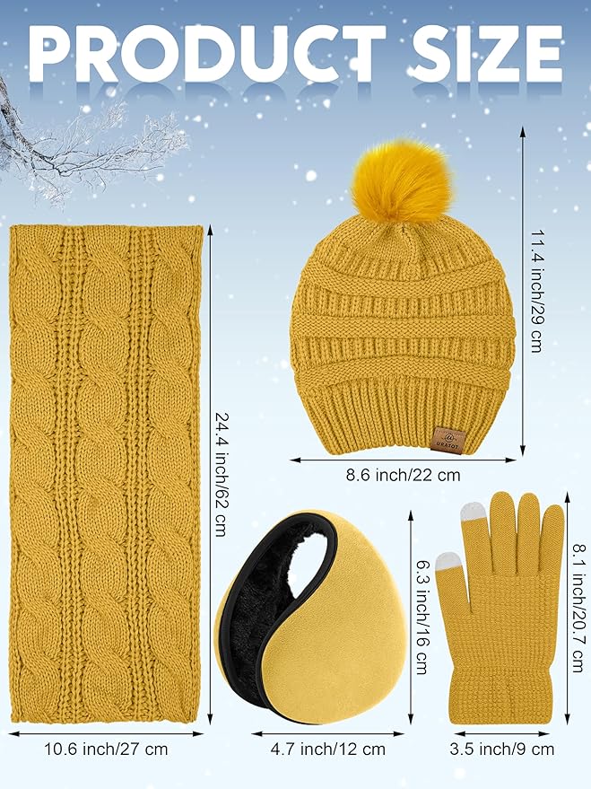 URATOT 4-In-1 Winter Warm Sets Knitted Scarf Touch Screen Gloves Beanie Pompom Hat and Winter Ear Warmer for Men or Women