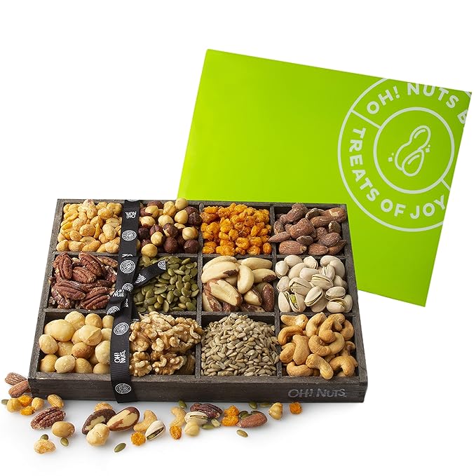 Oh! Nuts 12 Variety Nuts Gift Basket - Healthy Gift Baskets - Gourmet Assorted Nuts Tray - Gift Box for Holiday, Movie Night, Corporate, Families - Gift Ideas for Men and Women