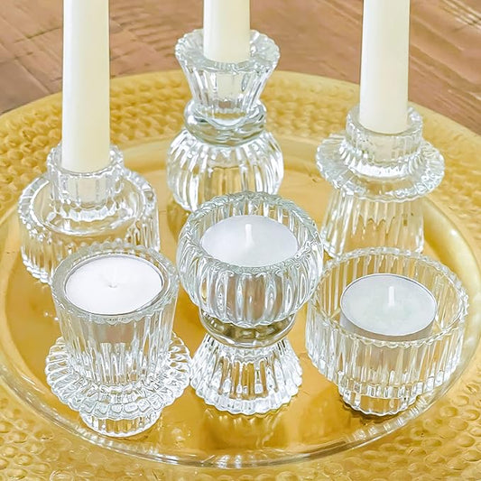 Kate Aspen Vintage Ribbed Glass Black Candlestick Holders, Pillar Candle, Tealight & Votive Candle Holders (Set of 6, 3 Assorted Sizes), Dining Table Decor, Shelf Decor, Centerpiece