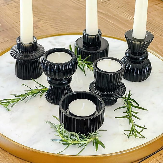 Kate Aspen Vintage Ribbed Glass Black Candlestick Holders, Pillar Candle, Tealight & Votive Candle Holders (Set of 6, 3 Assorted Sizes), Dining Table Decor, Shelf Decor, Centerpiece